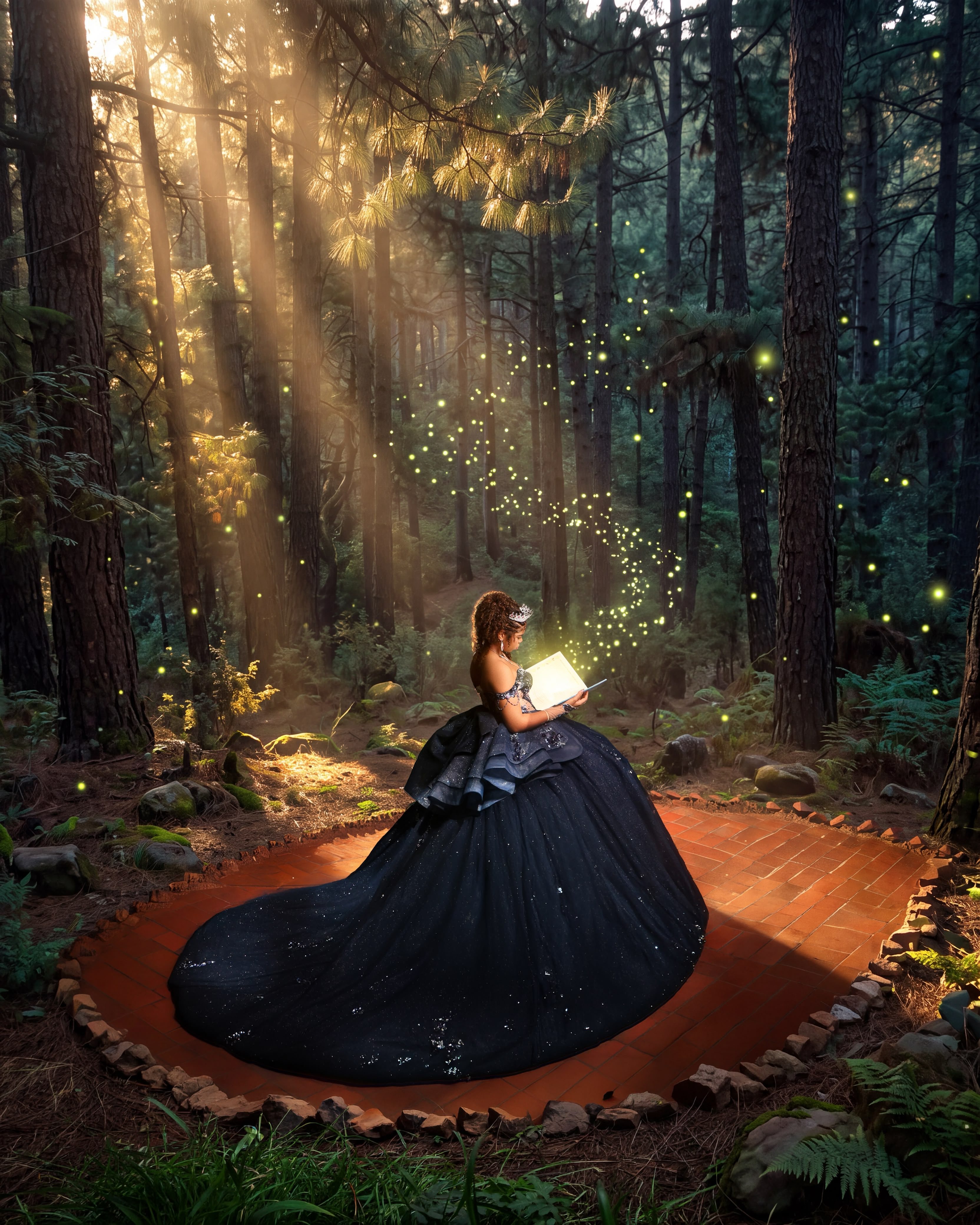 Quinceañera con vestido azul noche leyendo un libro iluminado en un bosque con luciérnagas