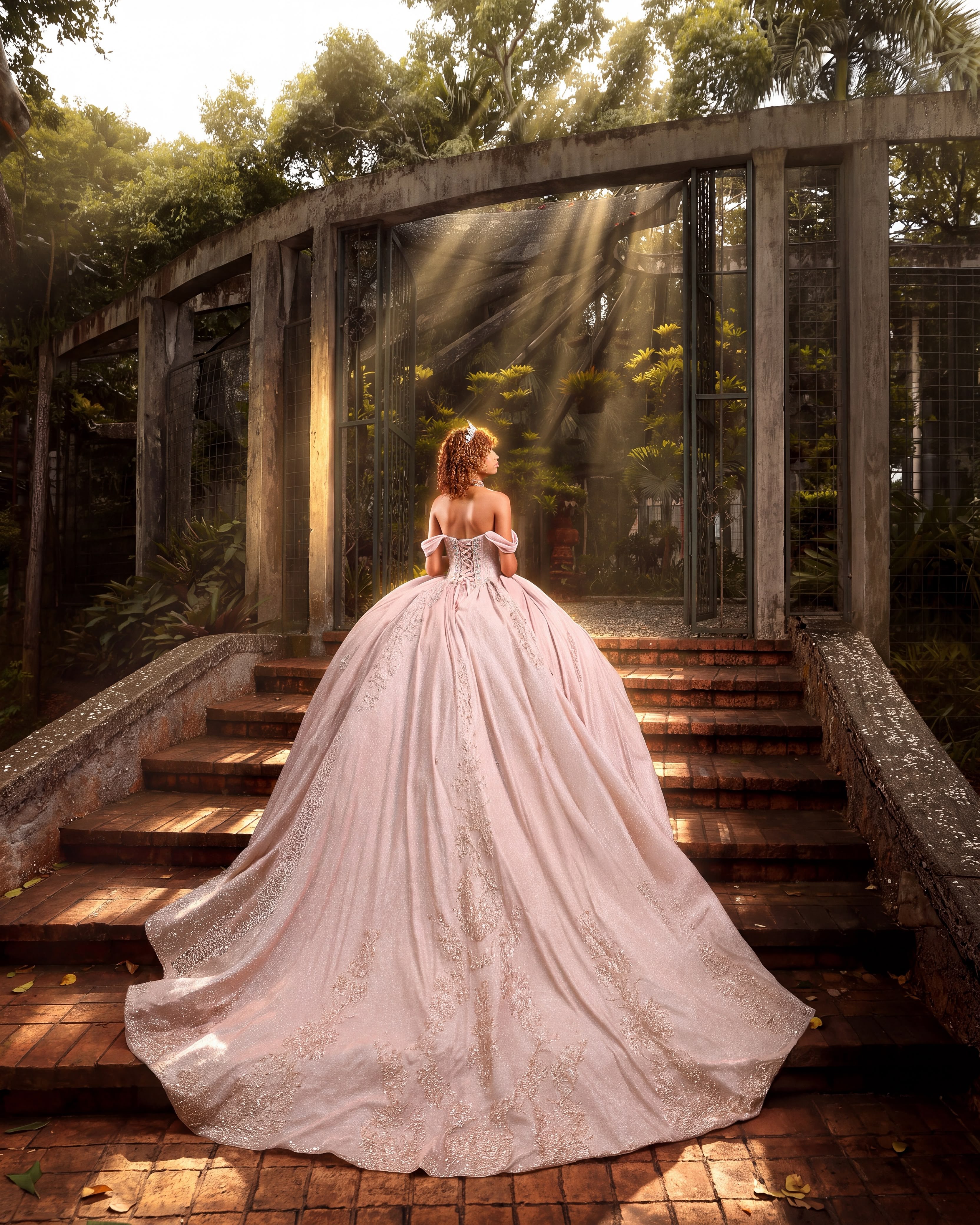 Quinceañera de espaldas con vestido rosa pálido en una escalinata bajo una pérgola con rayos de sol