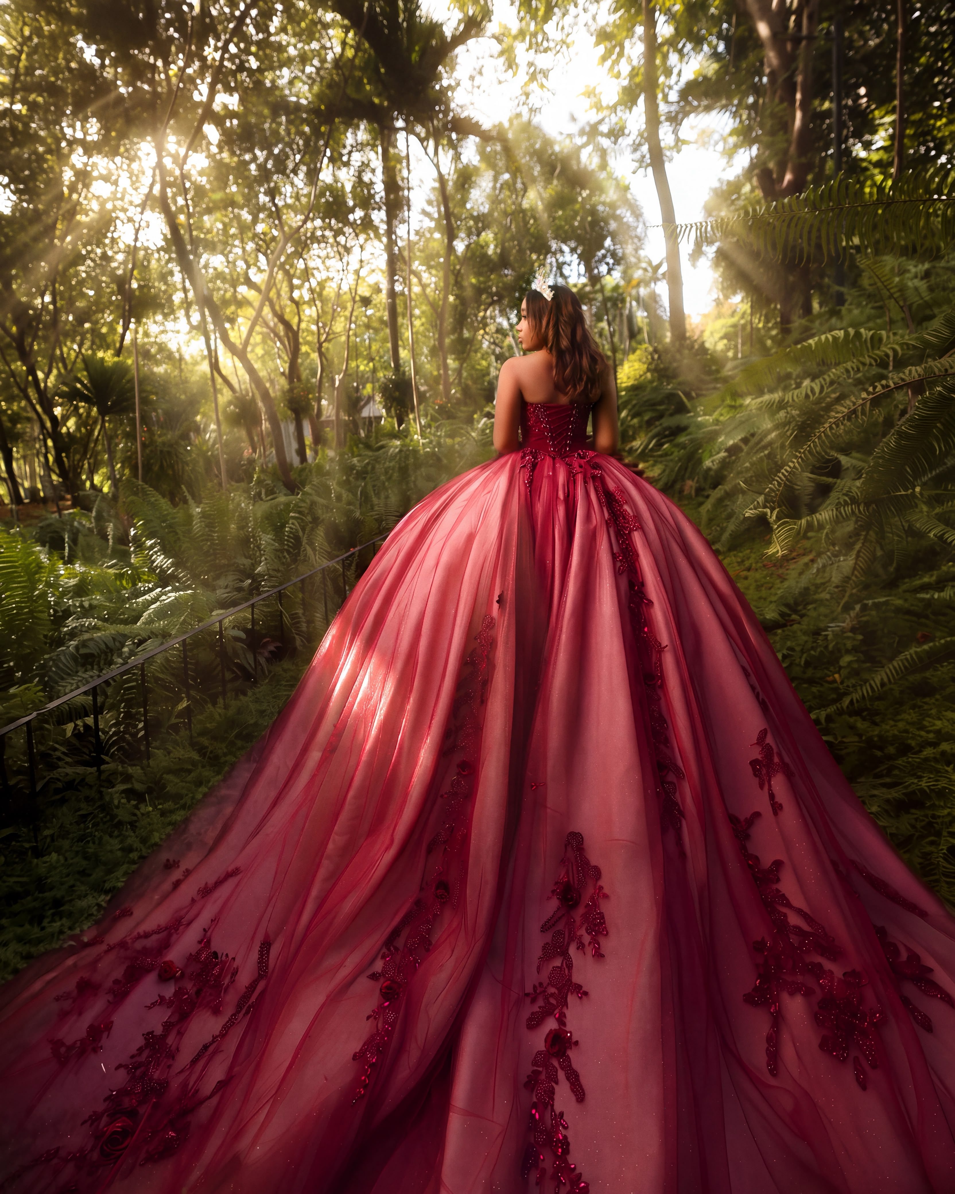 Quinceañera de espaldas con vestido color vino bordado entre helechos y rayos de sol